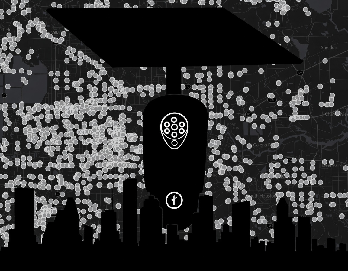 A Flock Safety camera looming over the Houston skyline, backed by a map of camera locations scattered across the metro area